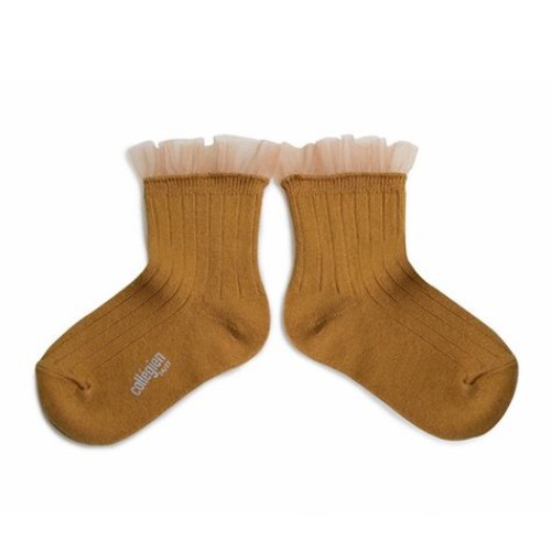 [ 꼴레지앙] Margaux  tulle trim socks  마고 튤 트림 발목양말 - 머스타드